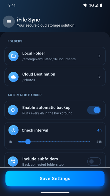 The iFileSync home screen showing backup settings